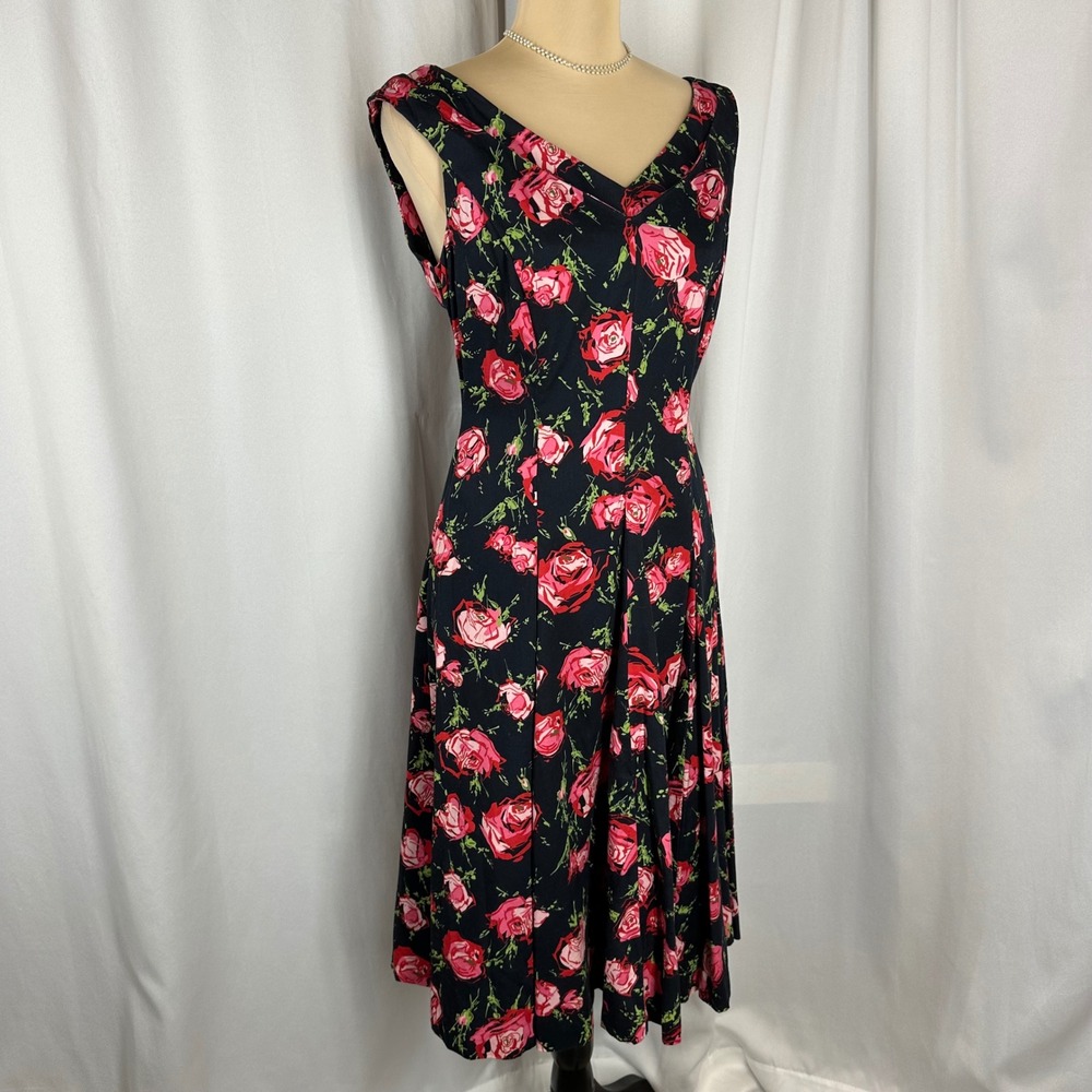 Talbots‎ Petites Rose Floral Sleeveless Dress Size 6P Black Cotton